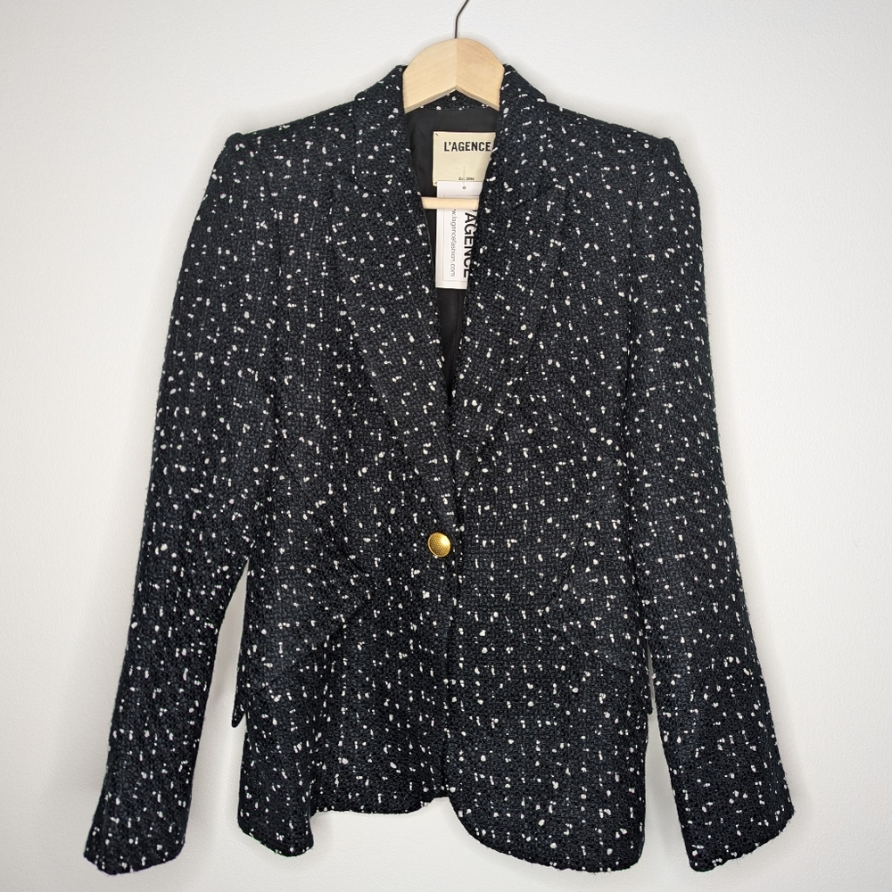 NWT L'AGENCE Black Tweed Blazer Jacket gold buttons women's size 2 small